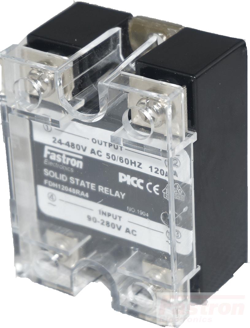 Fastron Electronics SSR AC Load FDH8048RA4, Solid State Relay, 480VAC, 80 Amp, 90-280VAC Control, Random Crossing, Panel Mount, w/plastic Cover FE-FDH8048RA4 Fastron Electronics SSR AC Load FDH8048RA4, Solid State Relay, 480VAC, 80 Amp, 90-280VAC Control, Random Crossing, Panel Mount, w/plastic Cover FE-FDH8048RA4